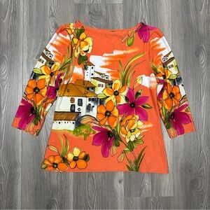 Investments Women’s Plus Orange Pink Mediterranean Floral Blouse Top‎ Size PL